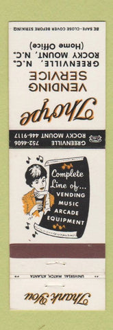 Matchbook Cover - Thorpe Vending Service Rocky Mount NC Juke Box Arcade