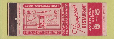Matchbook Cover - Thompson's Restaurant Avon NY Federal WEAR