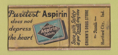 Matchbook Cover - Aspirin Cronin's Drug Hartford City IN WEAR BOBTAIL