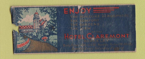 Matchbook Cover - Hotel Claremont Berkeley CA WORN BOBTAIL