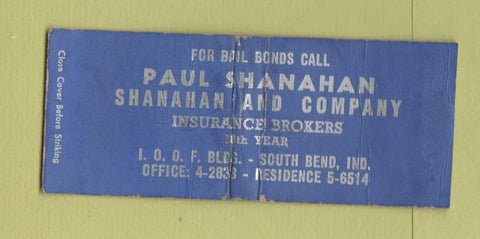 Matchbook Cover - Paul Shanahan Insurance South Bend IN WORN BOBTAIL