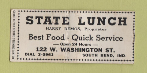 Matchbook Cover - State Lunch South Bend IN WEAR BOBTAIL