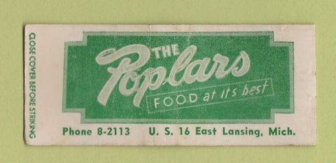 Matchbook Cover - Poplars Restaurant East Lansing MI BOBTAIL