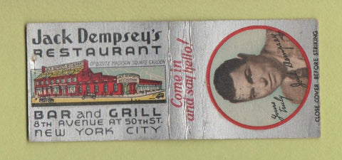 Matchbook Cover - Jack Dempsey's Restaurant New York City boxer BOBTAIL