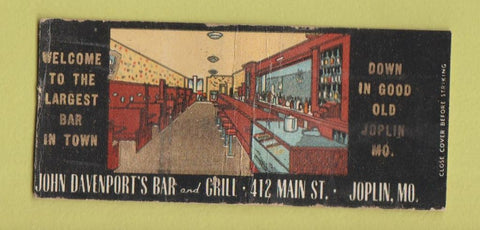 Matchbook Cover - John Davenport's Bar Grill Joploin MO WEAR BOBTAIL