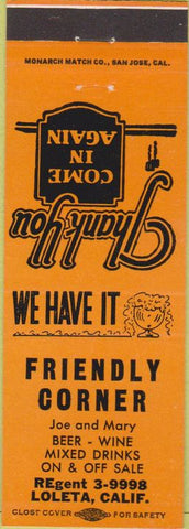 Matchbook Cover - Friendly Corner Loeleta CA