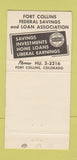 Matchbook Cover - Fort Collins Federal Savings Loan Colorado WEAR 30 Strike