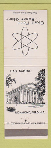Matchbook Cover - Giant Food Grocery State Capitol Richmond VA WEAR