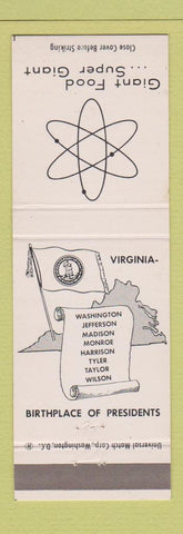 Matchbook Cover - Giant Food Grocery VA Birthplace of Presidents
