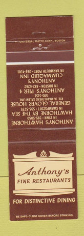Matchbook Cover - Anthony's Restaurants Lynn Swampscott Boston MA