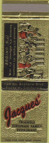 Matchbook Cover - Jacques' European Restaurant Anaheim CA