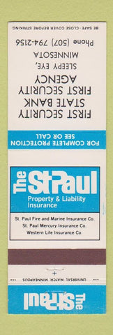 Matchbook Cover - St Paul Insurance First Security State Bank Sleepy Eye MN