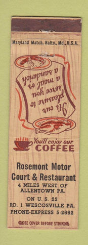 Matchbook Cover - Rosemont Motor Court Wescosville PA