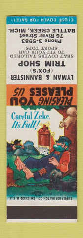 Matchbook Cover - Lyman & Bannister Fox's Trim Battle Creek MI Hillbilly SAMPLE