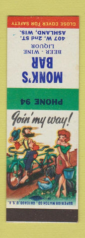 Matchbook Cover - Monk's Bar Ashland WI low phone # Hillbilly SAMPLE