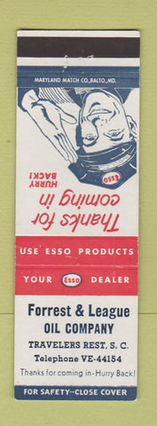 Matchbook Cover - Esso oil gas Forrest & League Oil Travelers Rest SC
