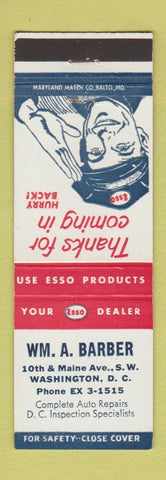 Matchbook Cover - Esso oil gas Wm A Barber Washington DC