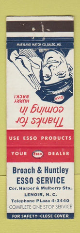 Matchbook Cover - Esso oil gas Broach & Huntley Lenoir NC