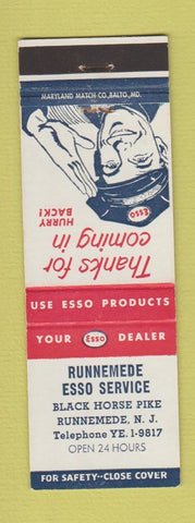 Matchbook Cover - Esso oil gas Runnemede NJ