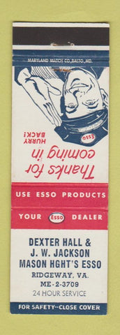 Matchbook Cover - Esso oil gas Ddexter Hall Ridgeway VA