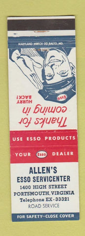 Matchbook Cover - Esso oil gas Allen's Portsmouth VA
