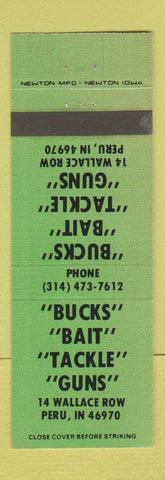 Matchbook Cover - Bucks Bait Tackle Guns Peru IN GREEN