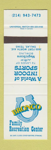 Matchbook Cover - Broncos Family Recreation Center bowling AMF Dallas TX SAMPLE