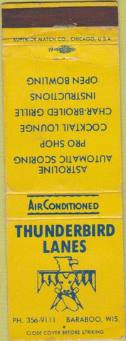 Matchbook Cover - Thunderbird Lanes bowling Baraboo WI