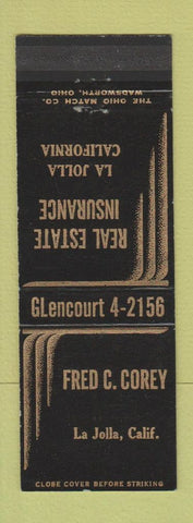 Matchbook Cover - Fred Corey Insurance Real Estate La Jolla CA