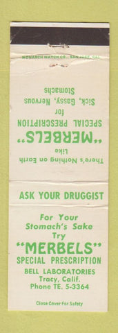 Matchbook Cover - Merbels Bell Laboratories Tracy CA drug for stomach ache
