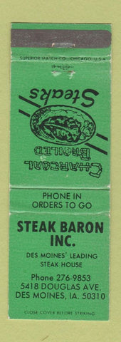 Matchbook Cover - Steak Baron Restaurant Des Moines IA GREEN WEAR