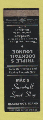 Matchbook Cover - Mac's Snowball Sport Shop Blackfoot ID WEAR