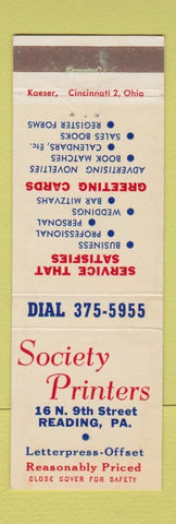 Matchbook Cover - Society Printers Reading PA Greeting Cards calendars