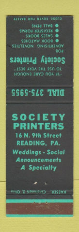 Matchbook Cover - Society Printers Reading PA