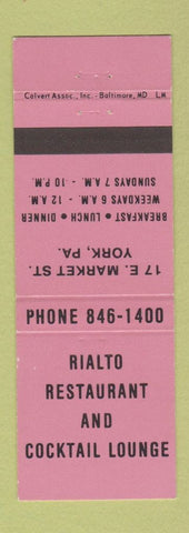 Matchbook Cover - Rialto Restaurant York PA
