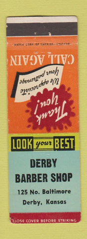 Matchbook Cover - Derby Barber Shop Derby KS WEAR
