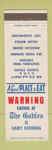 Matchbook Cover - The Gables Restaurant Marshall TX