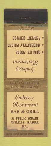 Matchbook Cover - Embassy Restaurant Bar Grill Wilkes Barre PA WORN