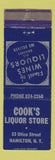 Matchbook Cover - Cook's Liquor Store Hamilton NY