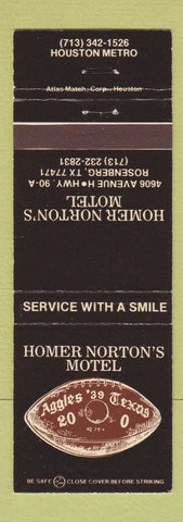Matchbook Cover - Homer Norton's Motel football Rosenburg TX Texas A&M Aggies