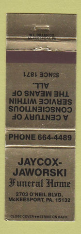Matchbook Cover - Jaycock Jaworski Funeral Home McKeesport PA