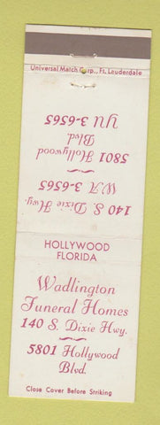 Matchbook Cover - Wadlington Funeral Homes Hollywood FL WEAR