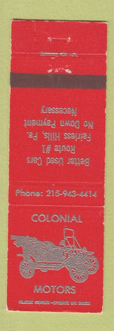 Matchbook Cover - Colonial Motors Used Cars Fairless Hills PA