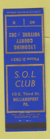 Matchbook Cover - SOL Club Williamsport PA Lycoming County Voiture