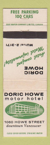Matchbook Cover - Doric Howe Motor Hotel Vancouver BC WEAR