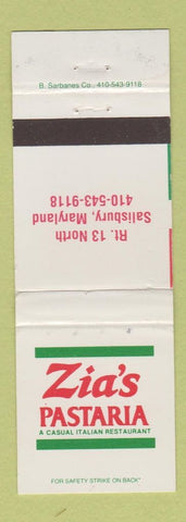 Matchbook Cover - Zia's Pastaria Italian Restaurant Salisbury MD