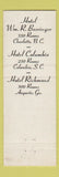 Matchbook Cover - Barringer Hotels Charlotte NC Augusta GA Columbia SC WEAR
