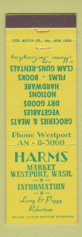 Matchbook Cover - Harms Market Westport WA hardware clam guns