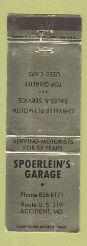 Matchbook Cover - Spoerlein's Garage Accident MD Chrysler Plymouth WEAR