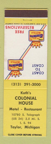 Matchbook Cover - Best Western Koth's Colonial House Taylor MI